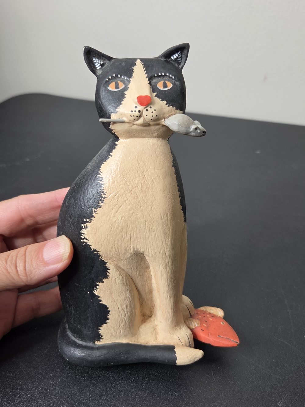 Handpainted Black & Cream Cat Figurine with Fish Accent
